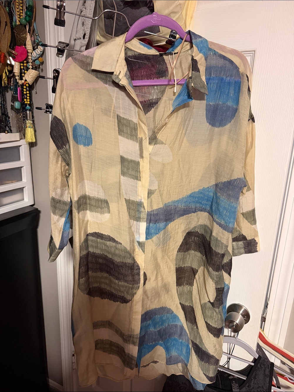 Women's Beige Abstract Print Button-Down Shirt Dress with Blue Accents